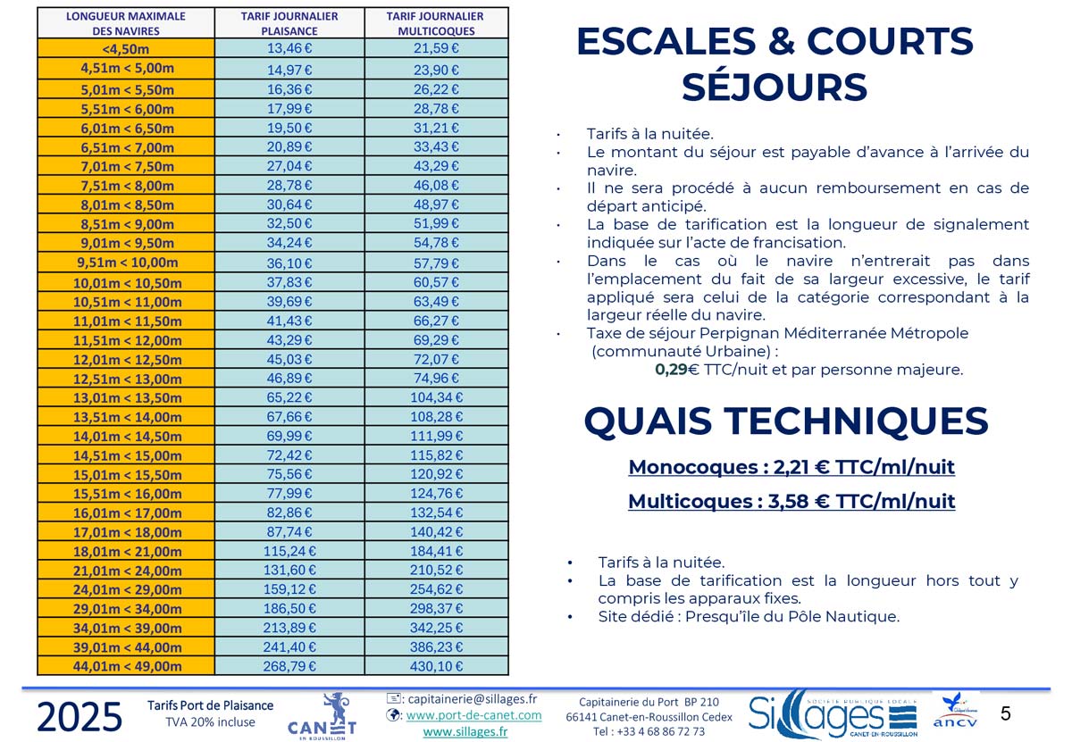 escales et courts séjours tarifs port